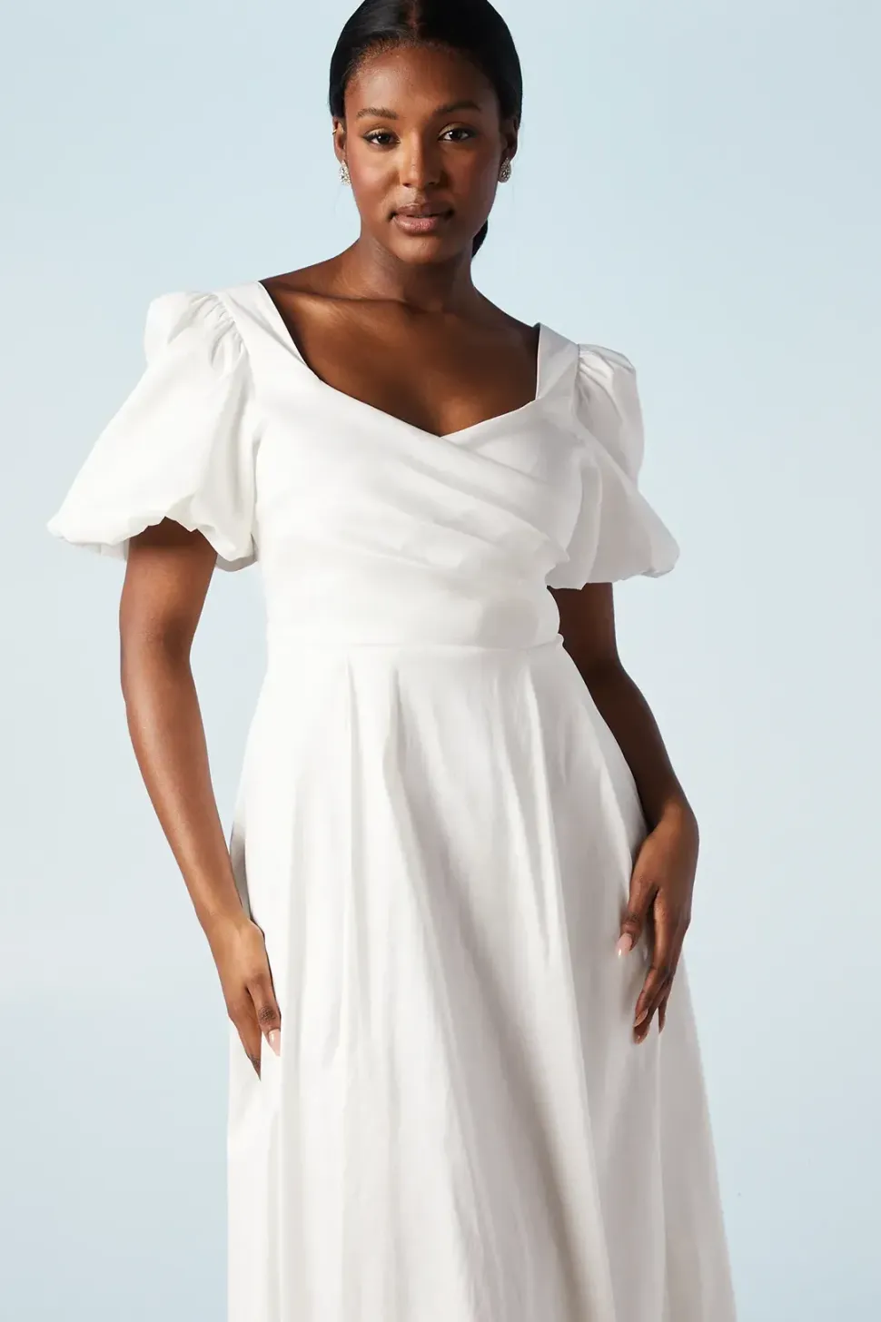 Puff Sleeve Wrap Bodice Fit And Flare Wedding Dress