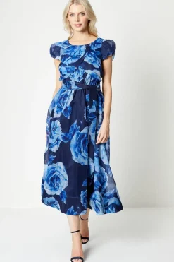 Puff Sleeve Wrap Bodice Organza Midi Dress