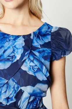 Puff Sleeve Wrap Bodice Organza Midi Dress