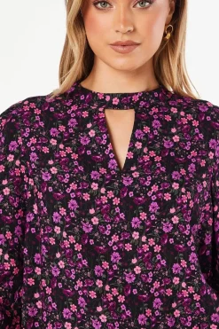 Purple Ditsy Keyhole Blouse