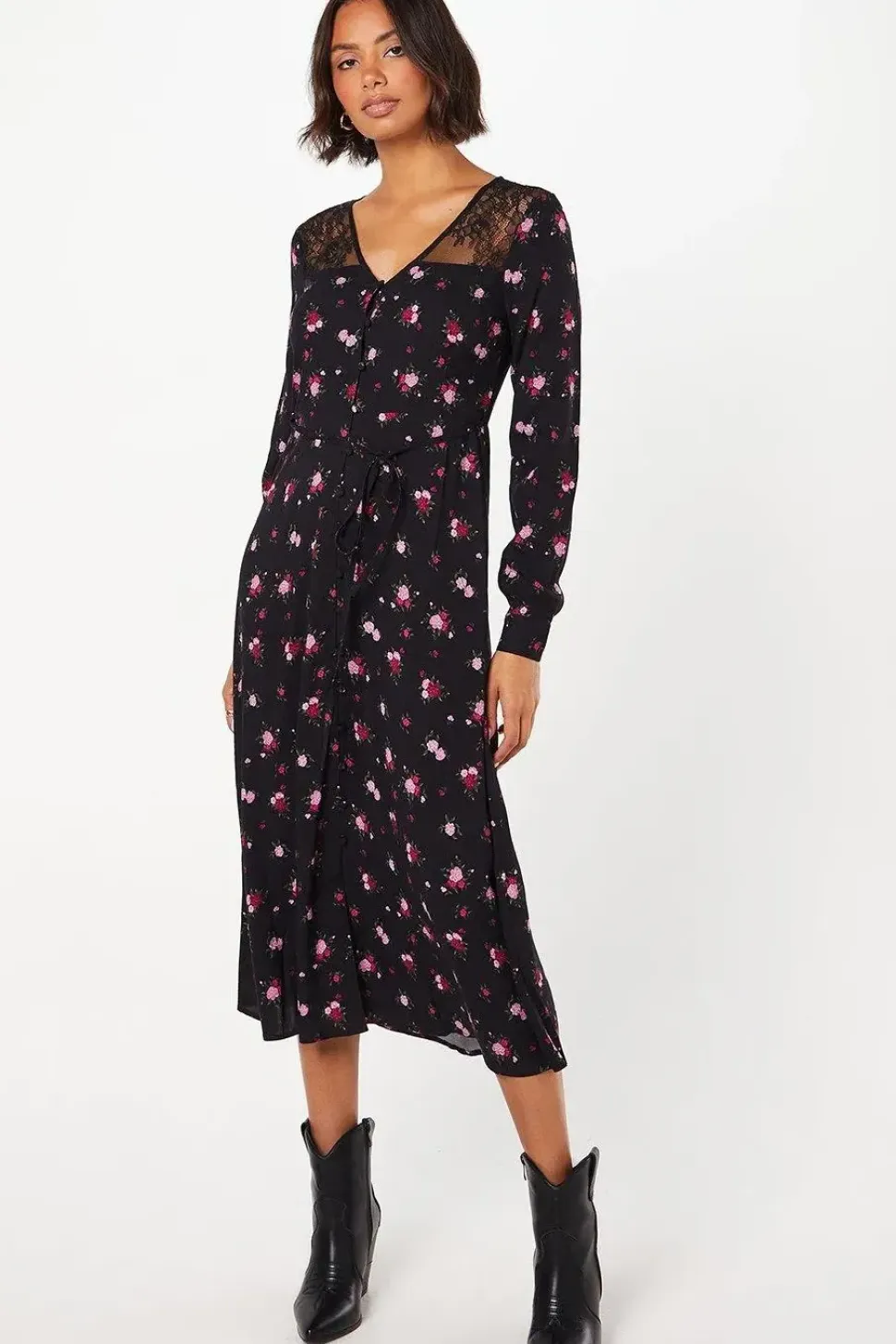 Purple Ditsy Lace Yoke Shirt Dress