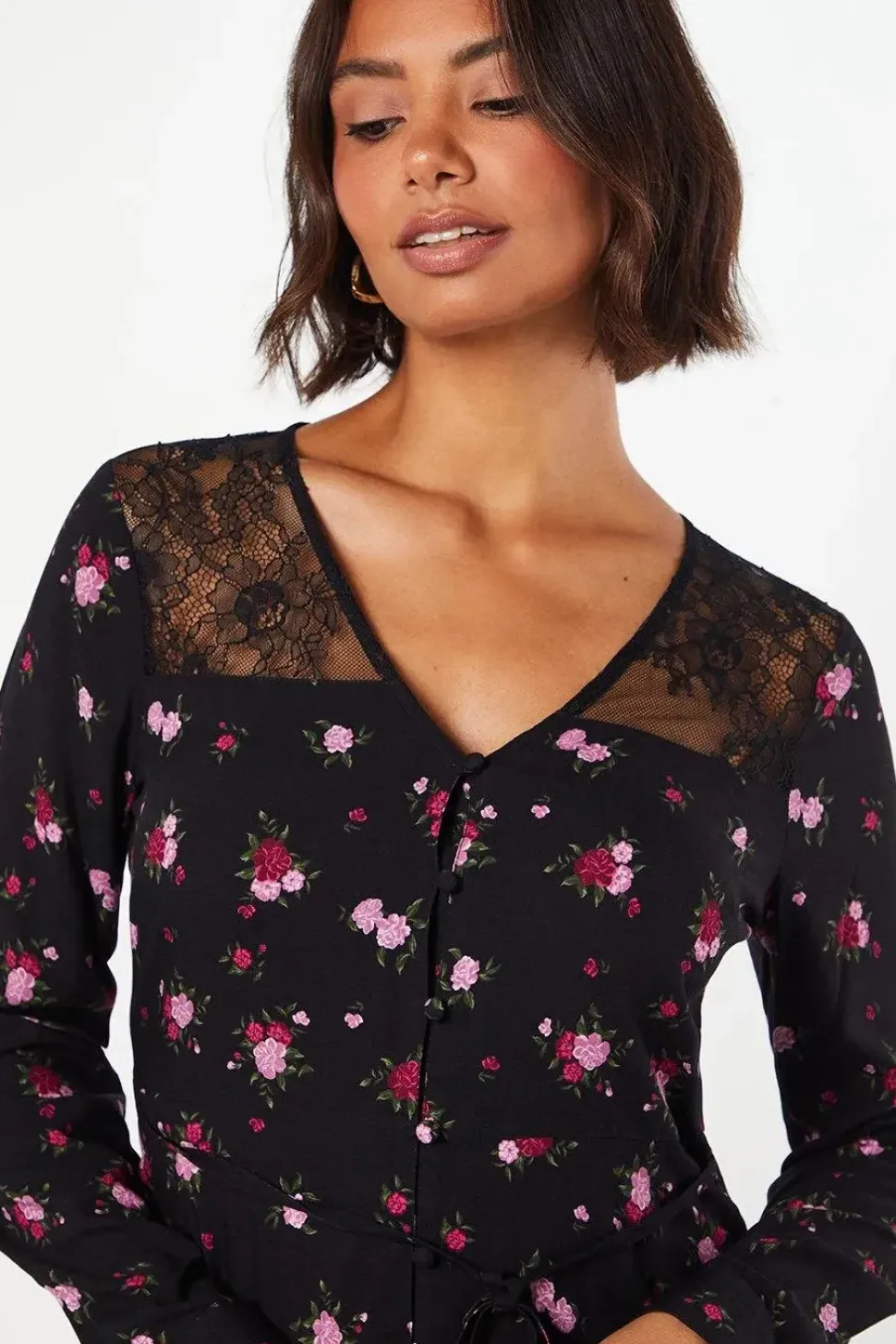 Purple Ditsy Lace Yoke Shirt Dress