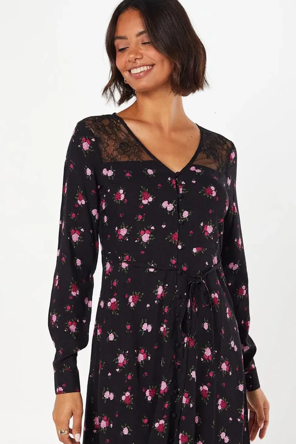 Purple Ditsy Lace Yoke Shirt Dress