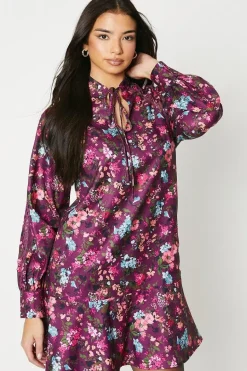 Purple Ditsy Tie Neck Lace Insert Mini Dress