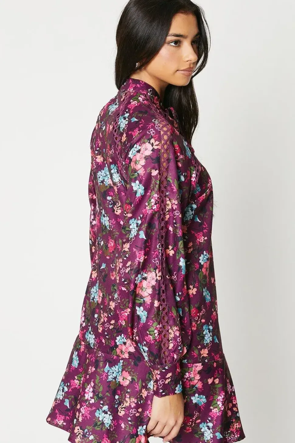 Purple Ditsy Tie Neck Lace Insert Mini Dress