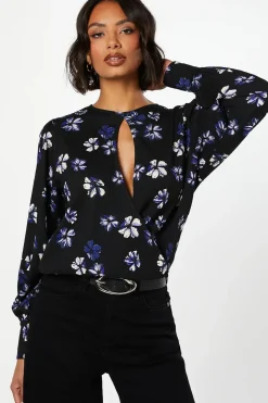 Purple Floral Keyhole Long Sleeve Wrap Top