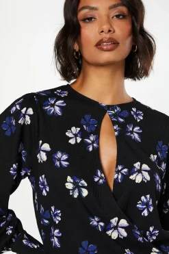 Purple Floral Keyhole Long Sleeve Wrap Top