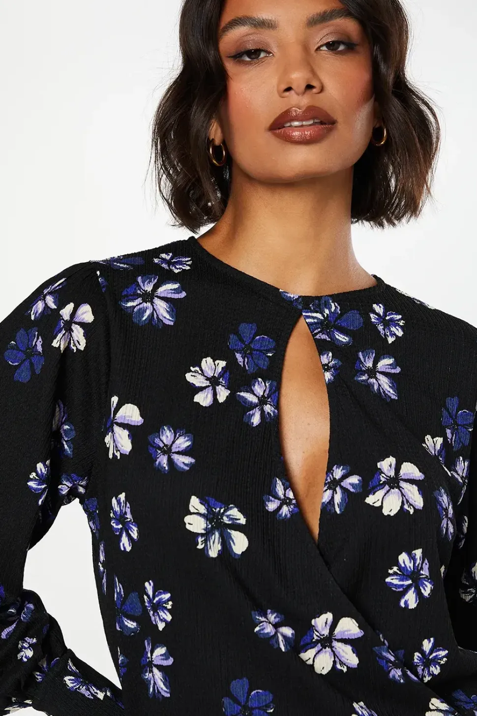 Purple Floral Keyhole Long Sleeve Wrap Top