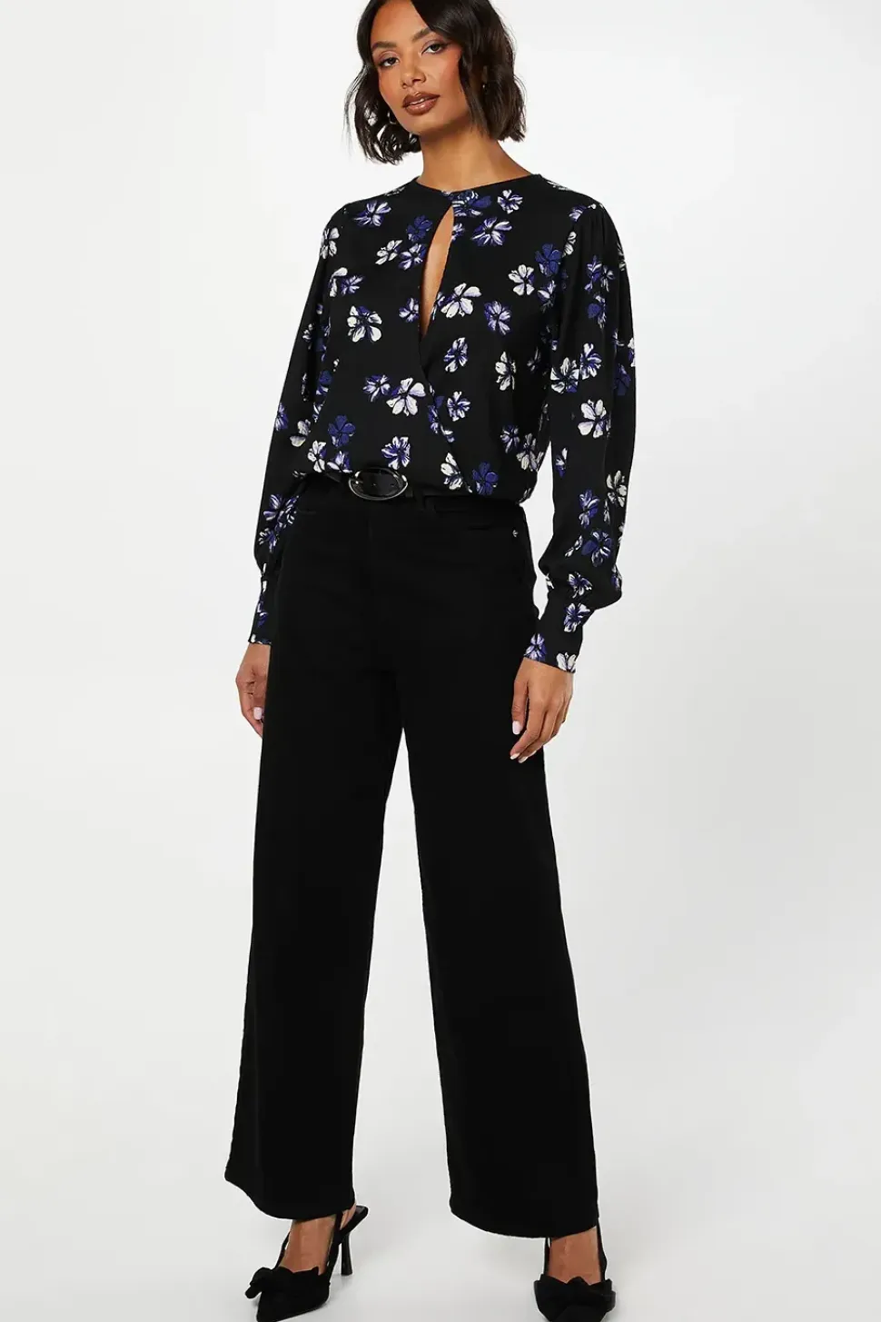 Purple Floral Keyhole Long Sleeve Wrap Top