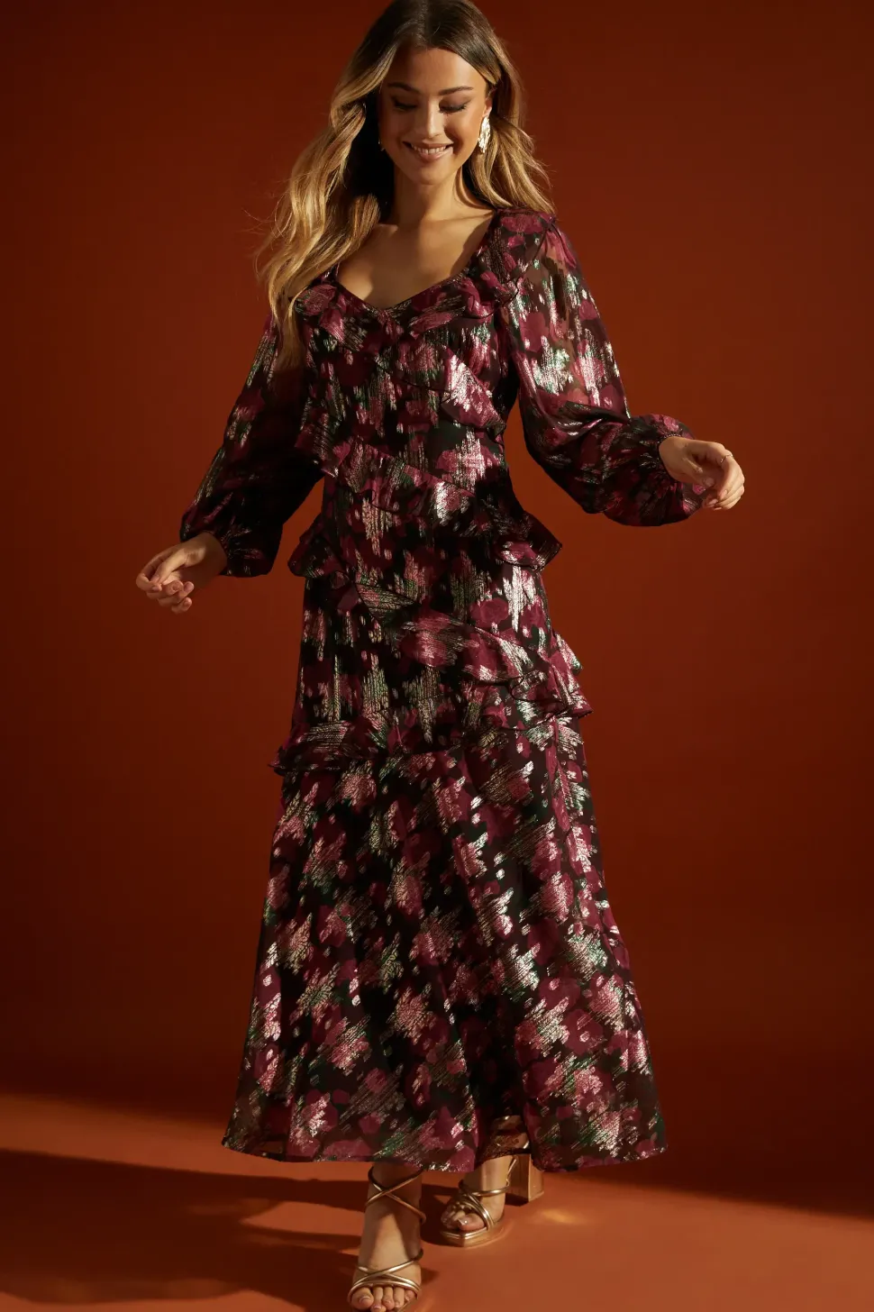 Purple Floral Ruffle Long Sleeve Chiffon Metallic Midi Dress