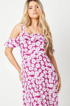 Purple Floral Ruffle Strappy Bardot Midi Dress