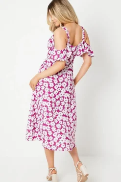 Purple Floral Ruffle Strappy Bardot Midi Dress