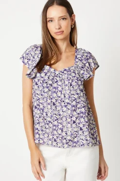 Purple Floral V Neck Frill Sleeve Blouse