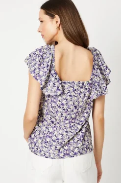 Purple Floral V Neck Frill Sleeve Blouse