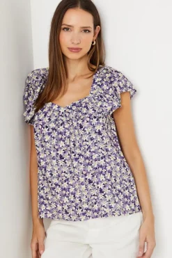 Purple Floral V Neck Frill Sleeve Blouse