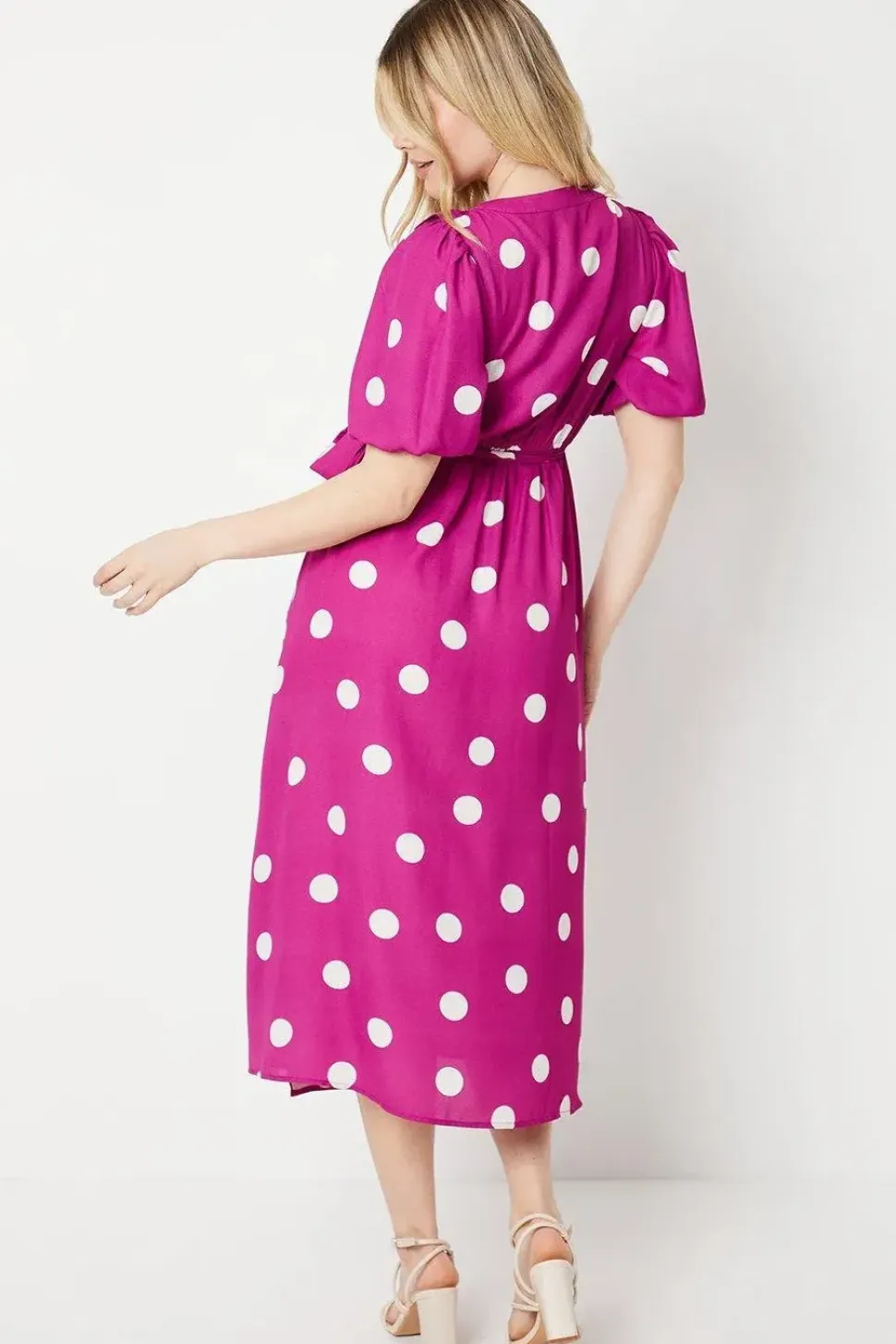 Purple Spot Ruffle Tie Side Wrap Midi Dress
