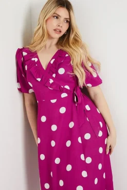 Purple Spot Ruffle Tie Side Wrap Midi Dress