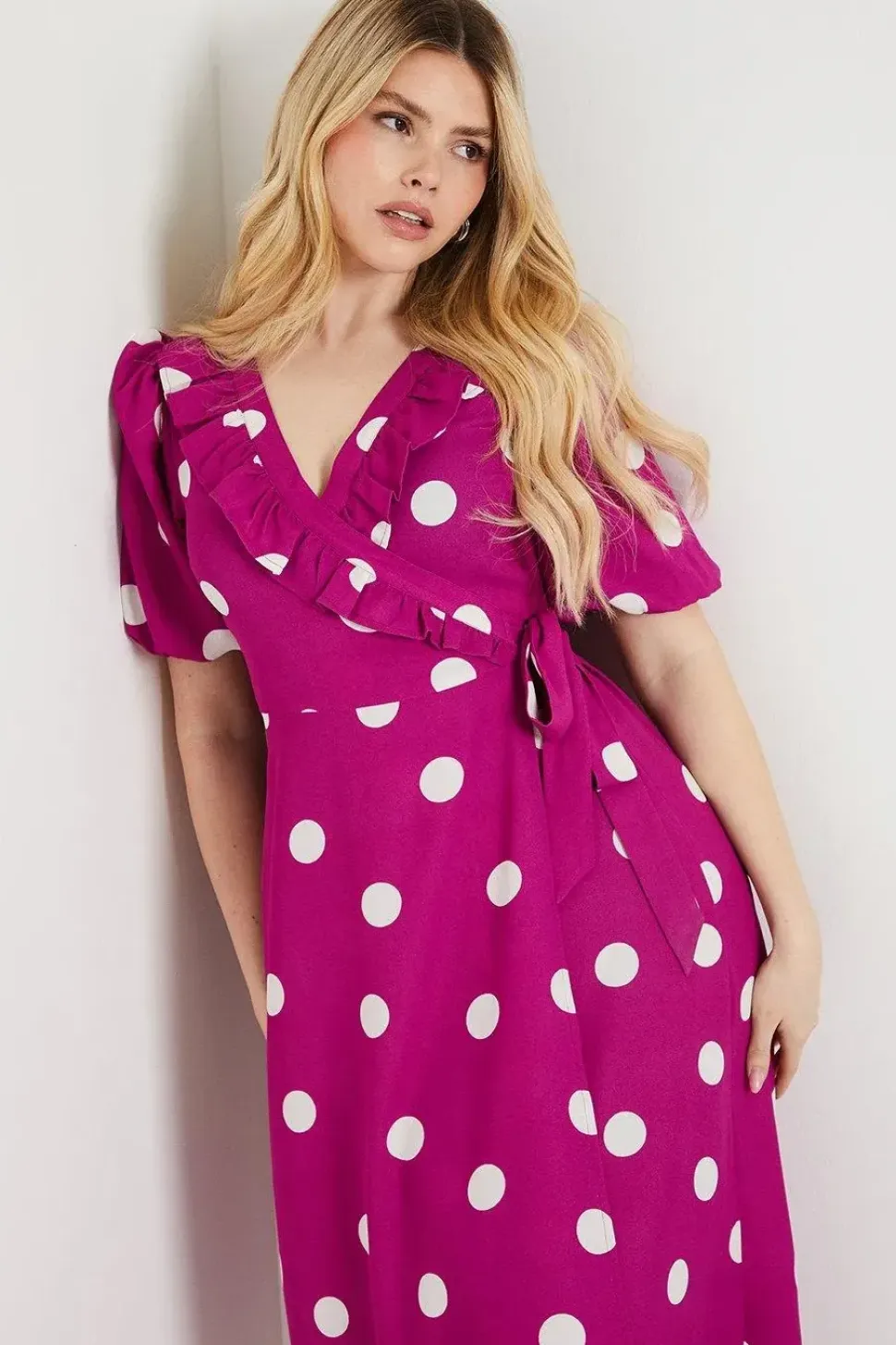 Purple Spot Ruffle Tie Side Wrap Midi Dress