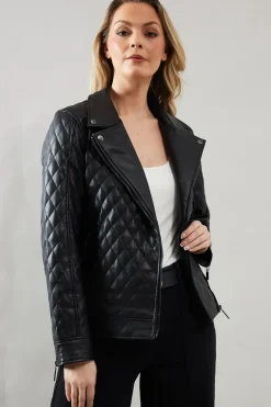 Quilted Detail Zip Through Biker Jacket