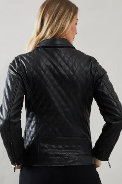 Quilted Detail Zip Through Biker Jacket