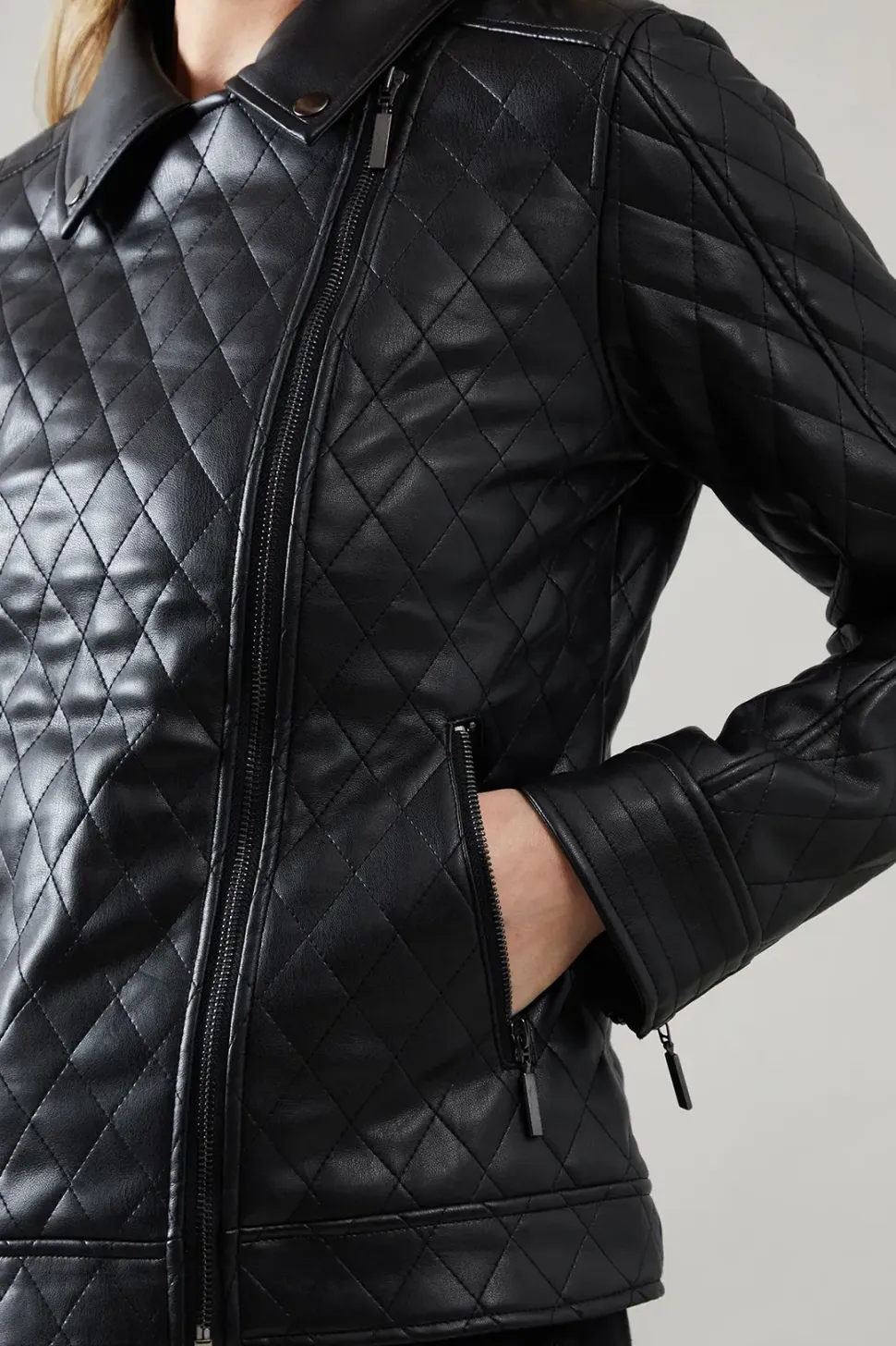 Quilted Detail Zip Through Biker Jacket