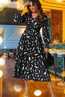 Rainbow Leaf Foil Long Sleeve Maxi Dress In Black