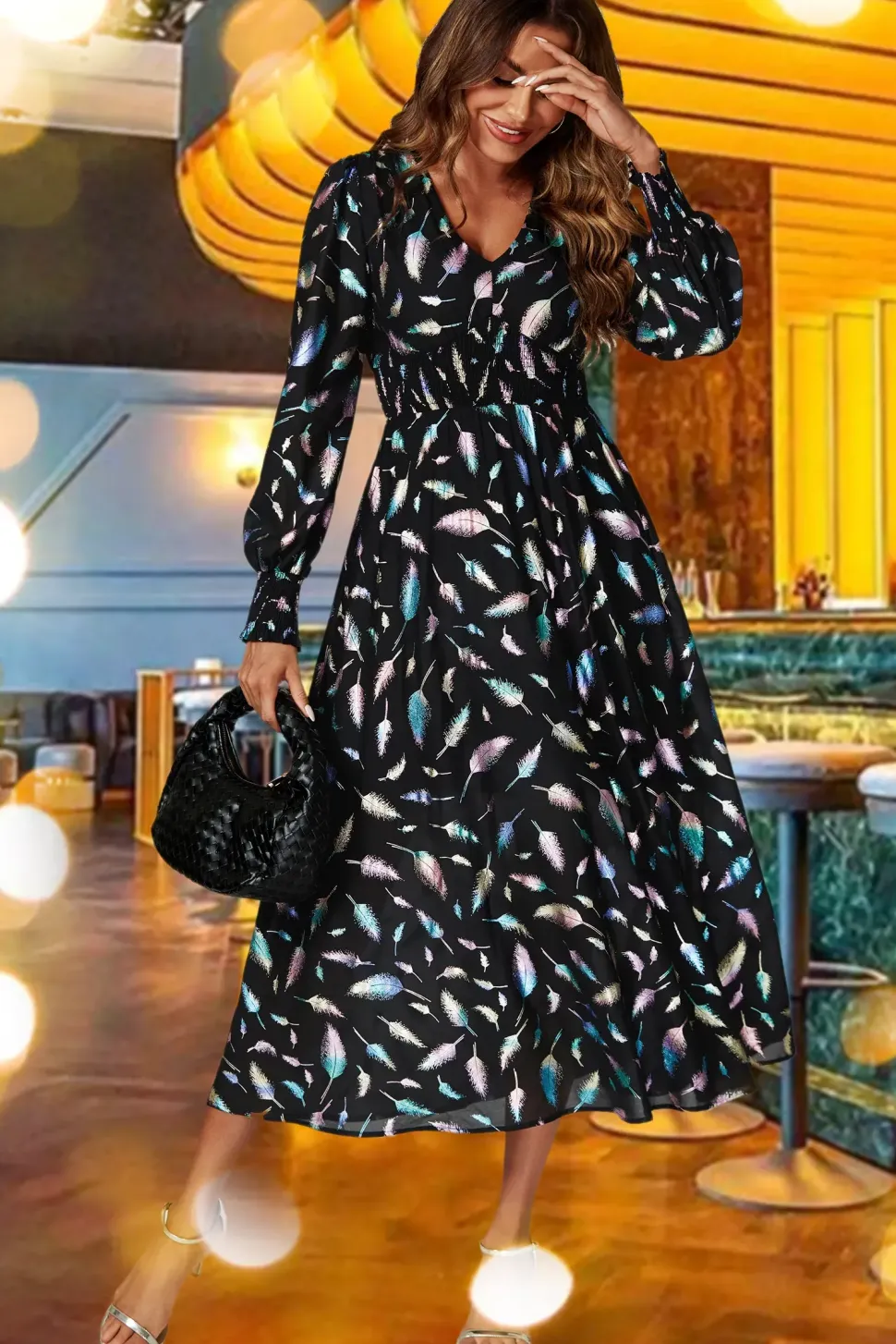 Rainbow Leaf Foil Long Sleeve Maxi Dress In Black