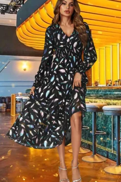 Rainbow Leaf Foil Long Sleeve Maxi Dress In Black