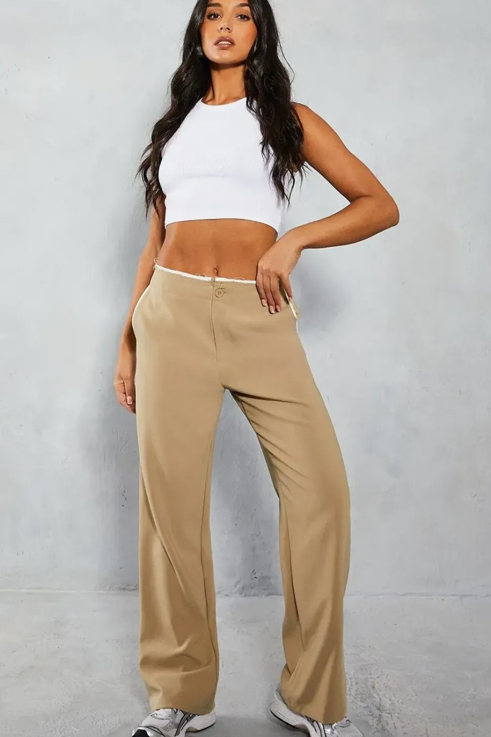 Raw Edge Contrast Waist Detail Wide Leg Trousers