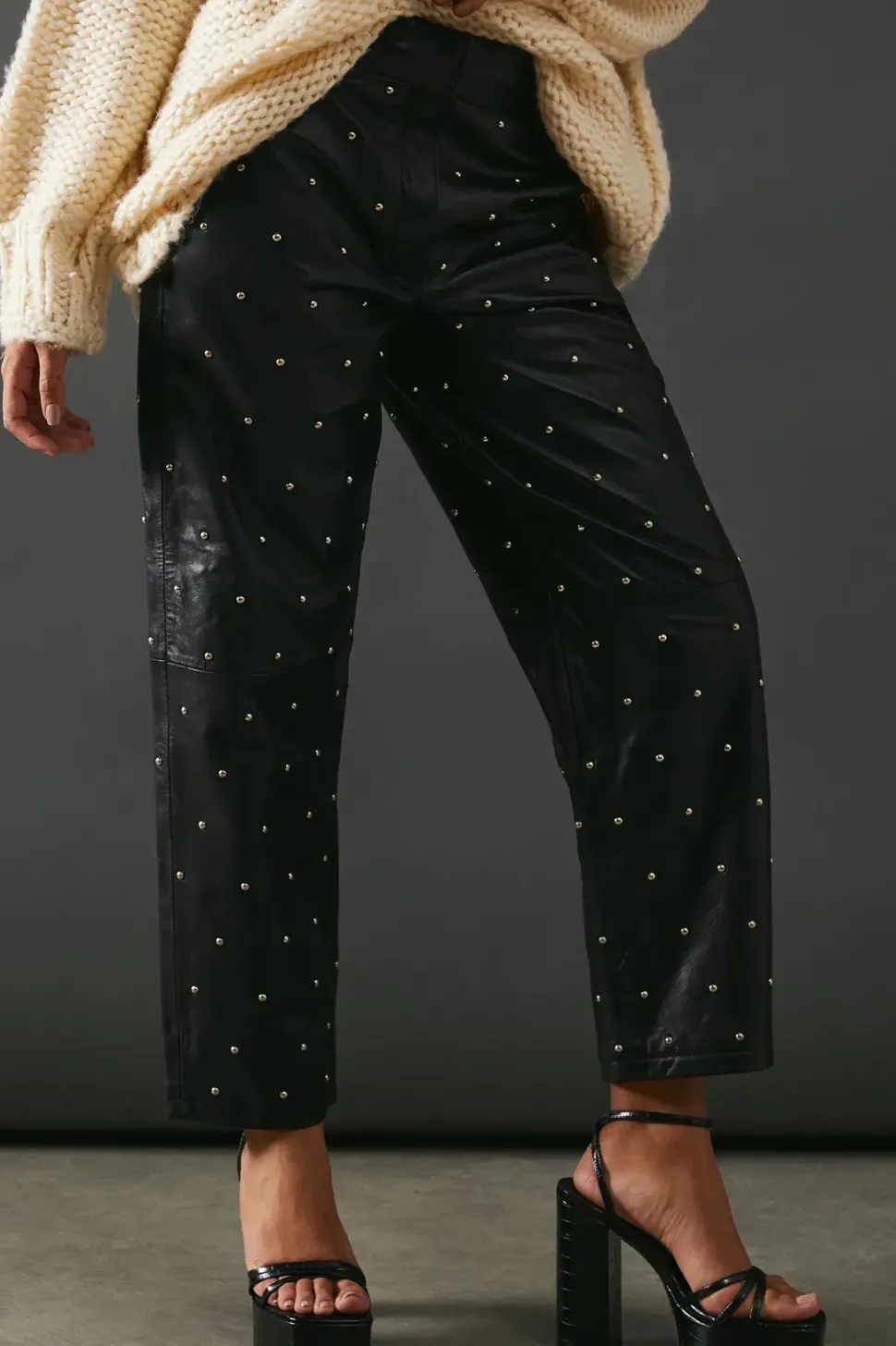 Real Leather All Over Stud Barrel Leg Trouser