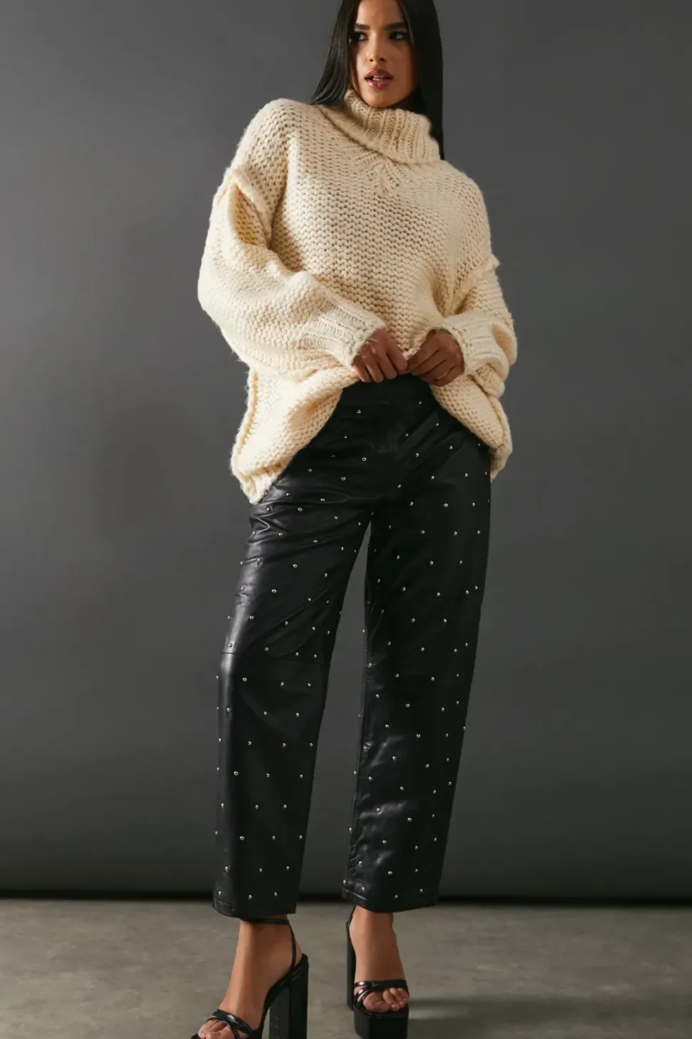 Real Leather All Over Stud Barrel Leg Trouser