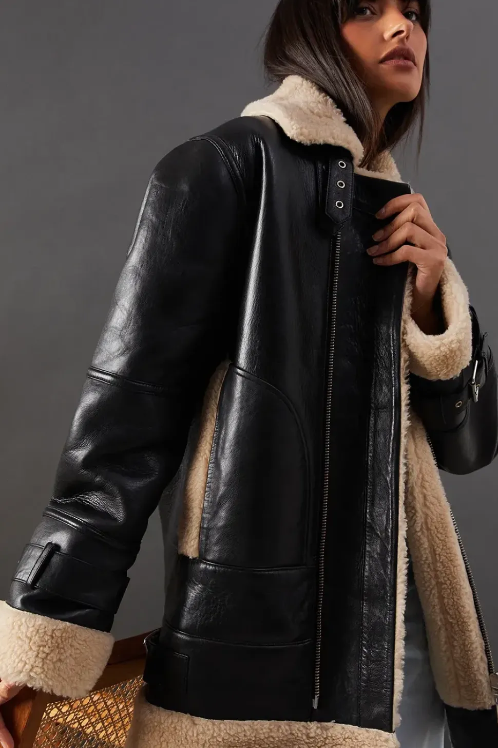 Real Leather Aviator Jacket With Faux Fur Trim