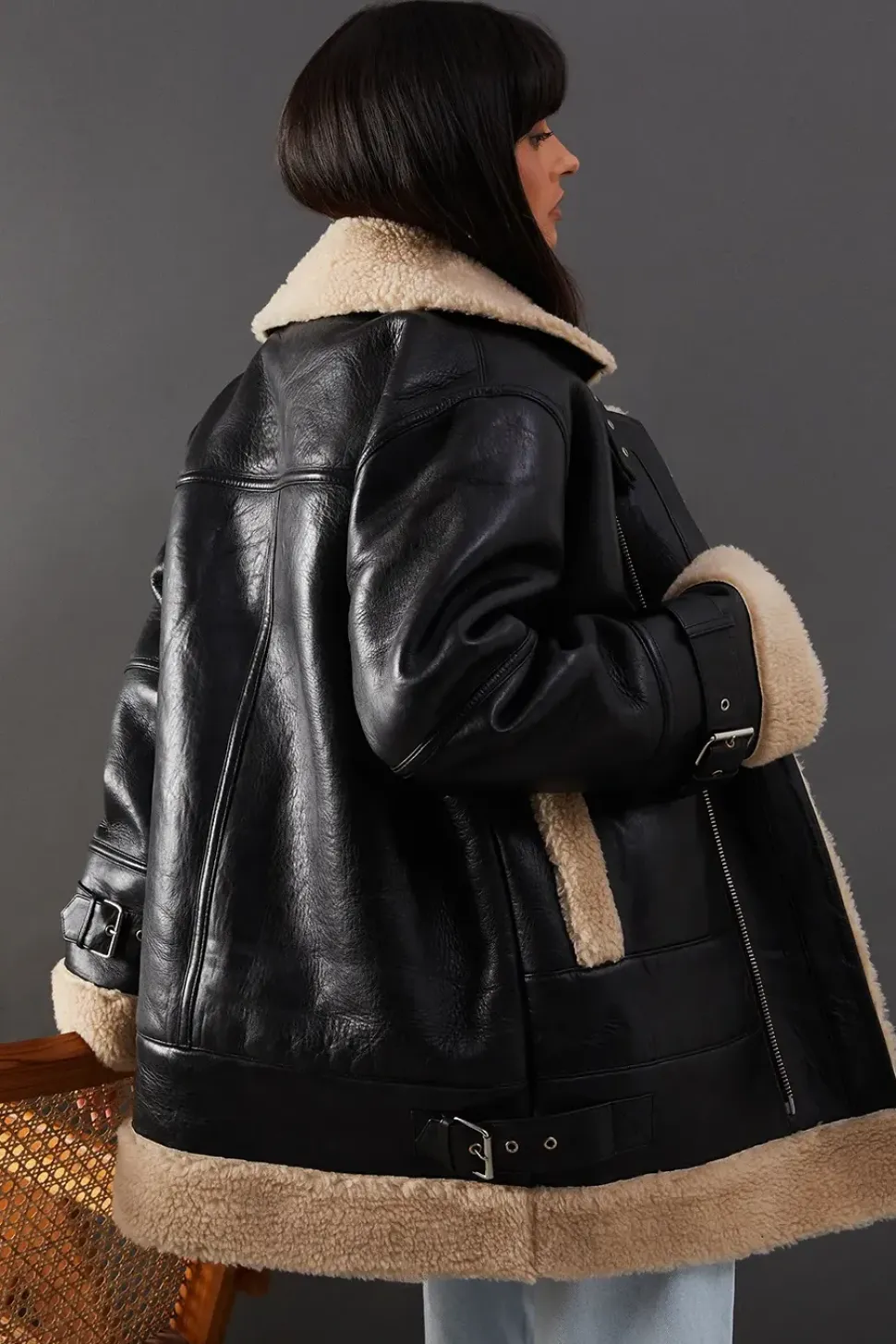 Real Leather Aviator Jacket With Faux Fur Trim