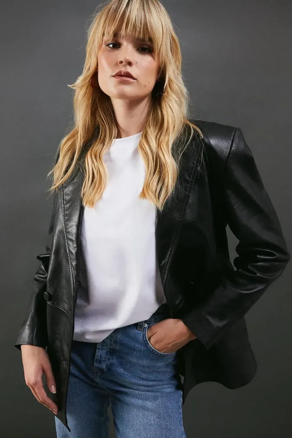 Real Leather Double Breasted Oversized Blazer