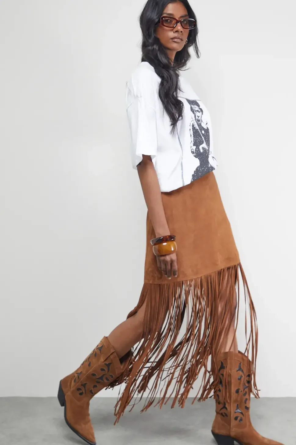 Real Suede Fringed Maxi Skirt