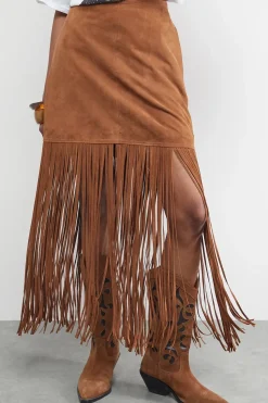 Real Suede Fringed Maxi Skirt