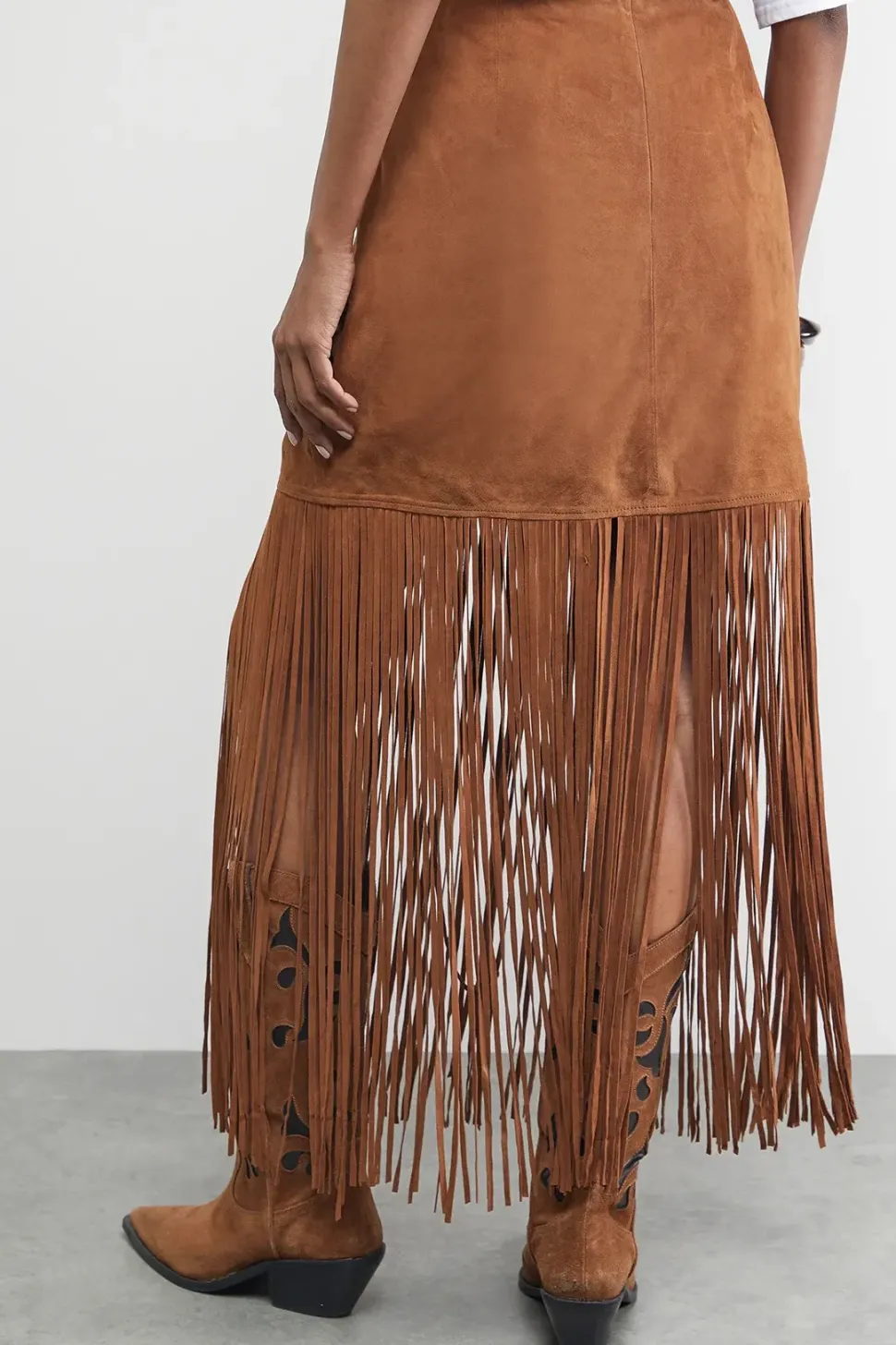Real Suede Fringed Maxi Skirt
