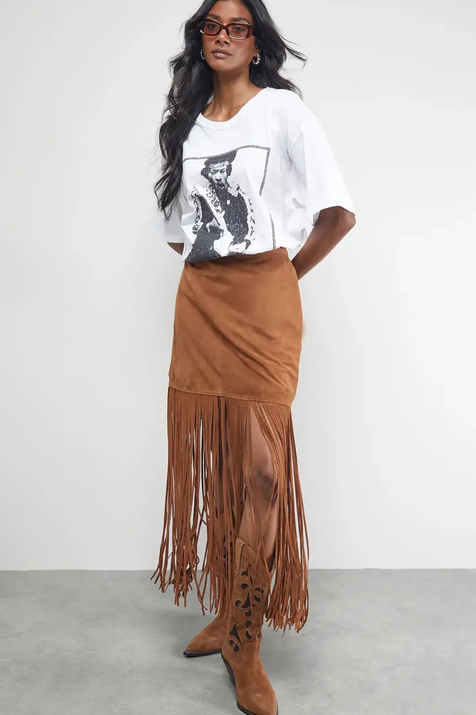 Real Suede Fringed Maxi Skirt