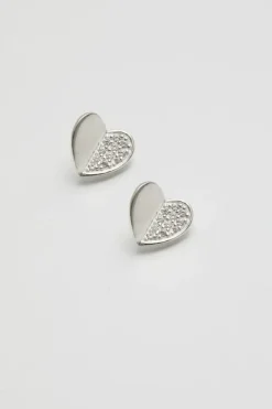 Recycled Sterling Silver 925 Mini Heart Polished And Pave Stud Earrings