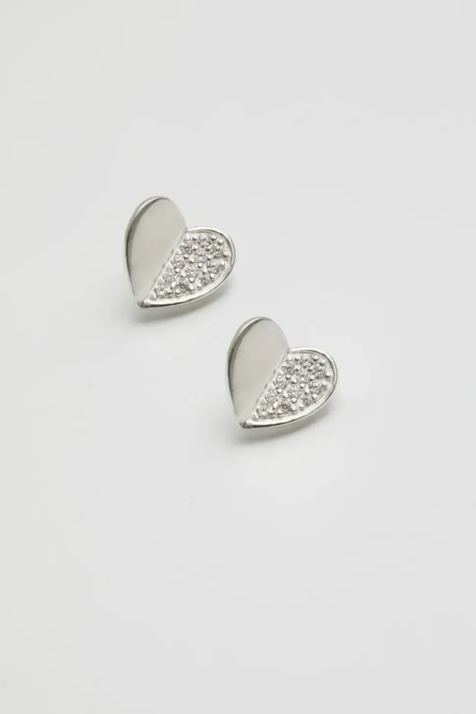 Recycled Sterling Silver 925 Mini Heart Polished And Pave Stud Earrings
