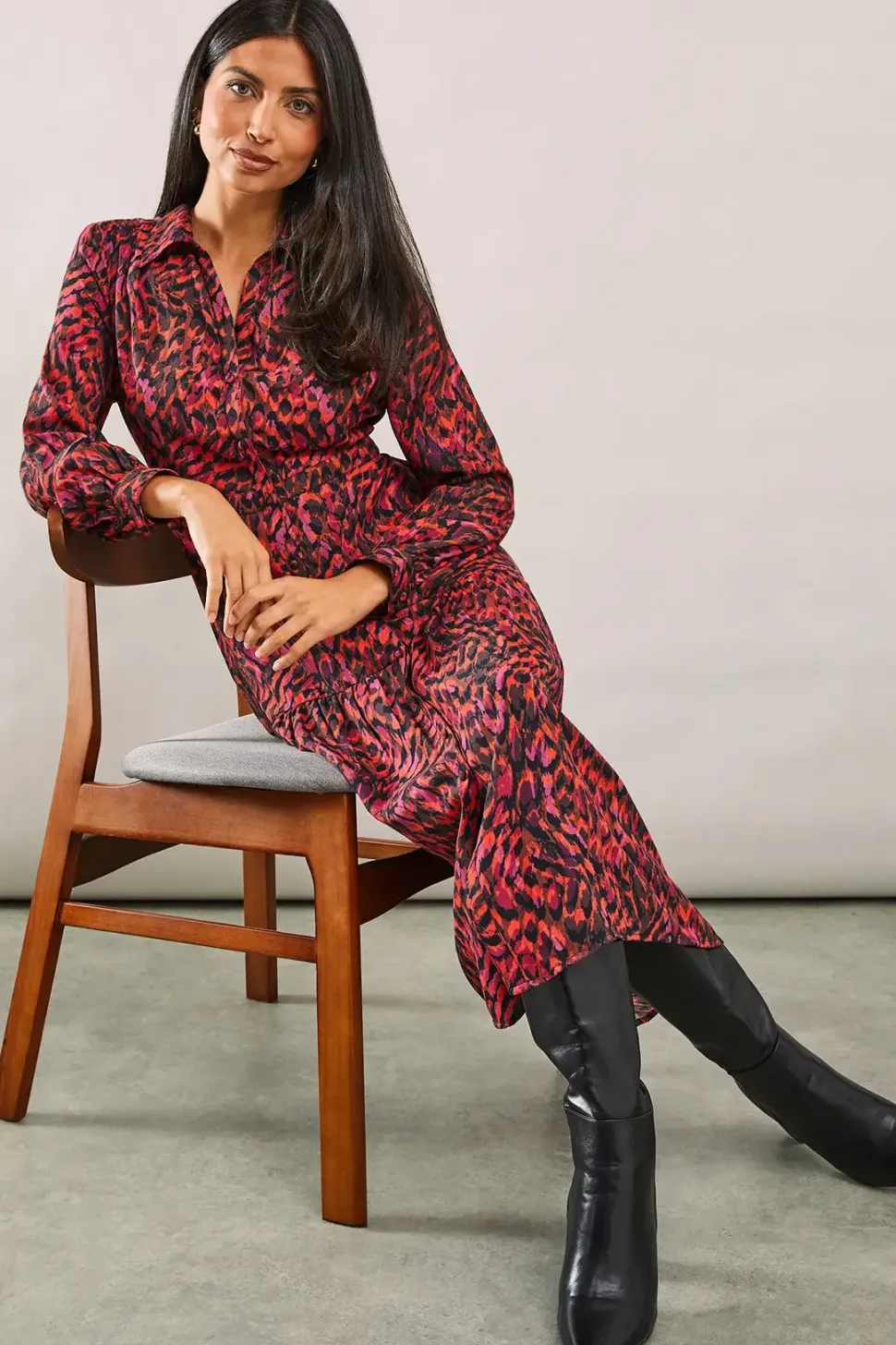 Red Abstract Woven Collared Shirt Dress