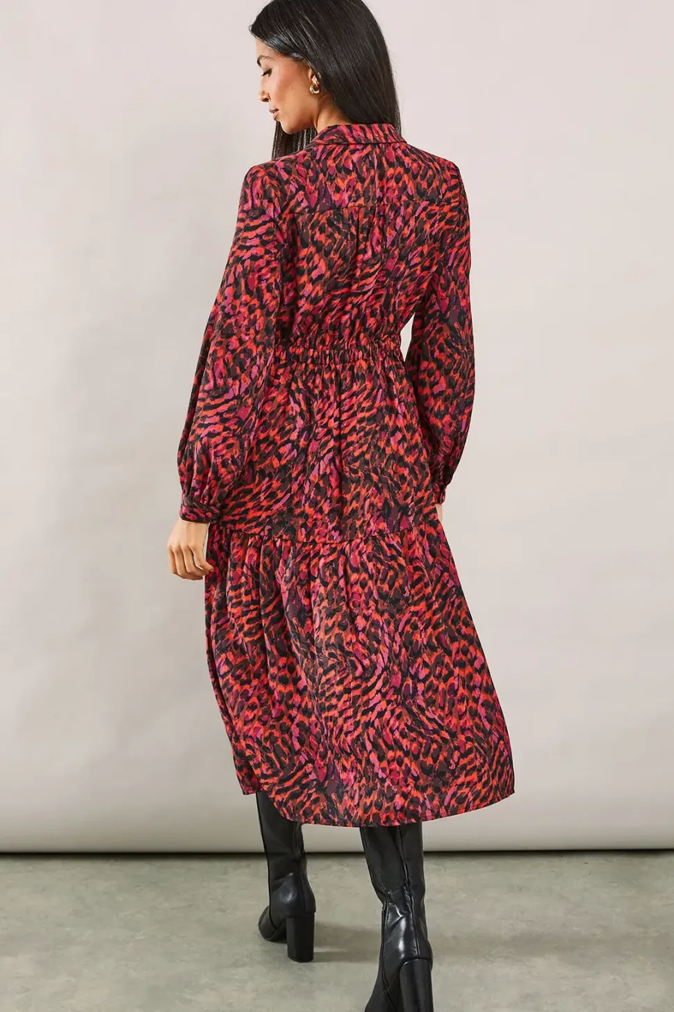Red Abstract Woven Collared Shirt Dress