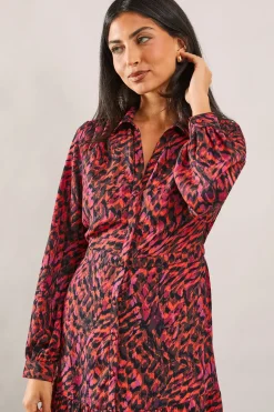 Red Abstract Woven Collared Shirt Dress