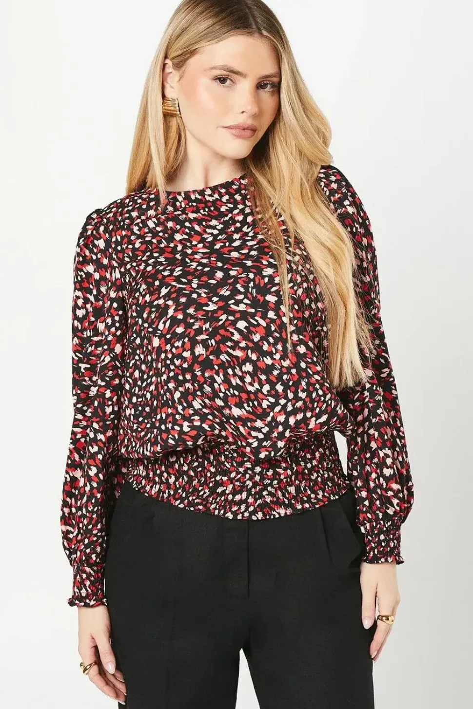 Red Animal Shirred Hem Blouse