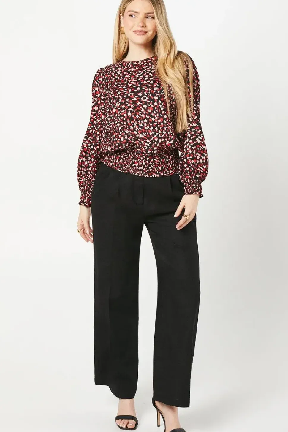 Red Animal Shirred Hem Blouse