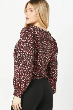 Red Animal Shirred Hem Blouse