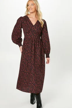 Red Animal V Neck Shirred Cuff Midi Dress