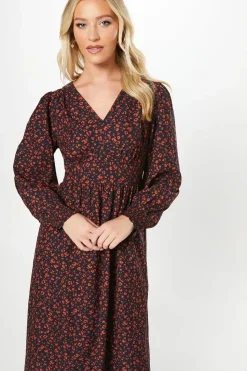 Red Animal V Neck Shirred Cuff Midi Dress