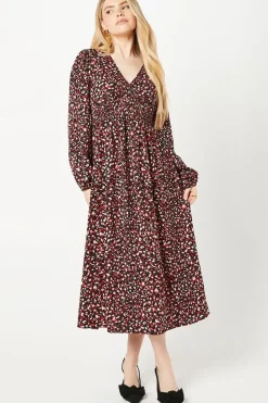 Red Animal V Neck Shirred Waist Midi Dress