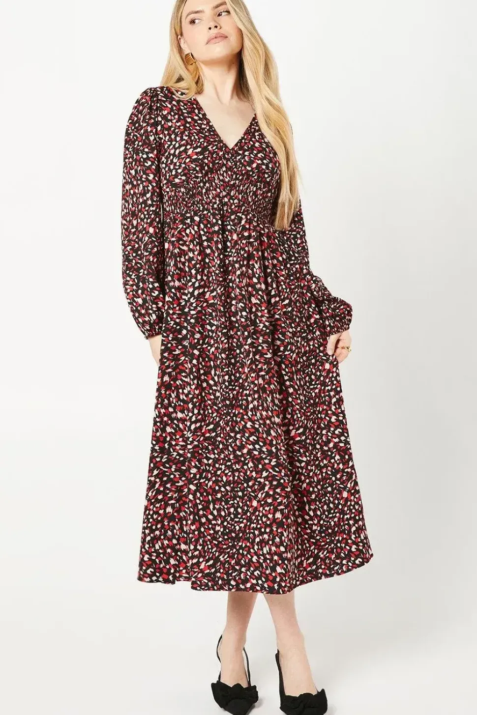 Red Animal V Neck Shirred Waist Midi Dress